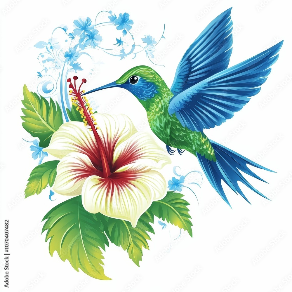 A hummingbird flies by a white hibiscus. A hummingbird flies by a white hibiscus.