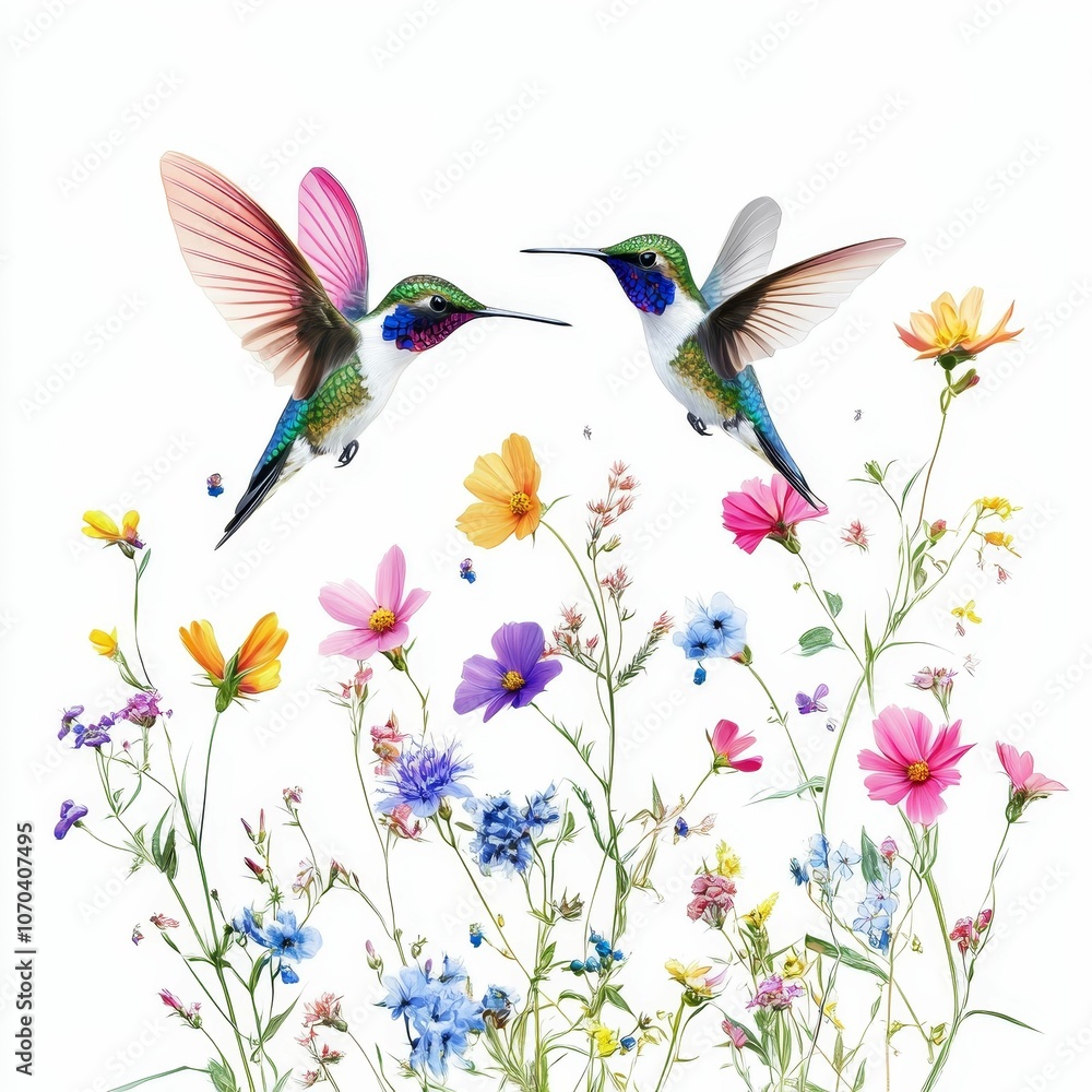 Two hummingbirds flying over blooming wildflowers. Two hummingbirds flying over blooming wildflowers.