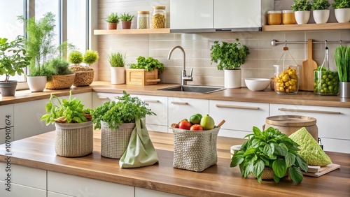 A modern kitchen with an indoor herb garden, a set of reusable produce bags, and a compost bin integrated into the counter for food scraps