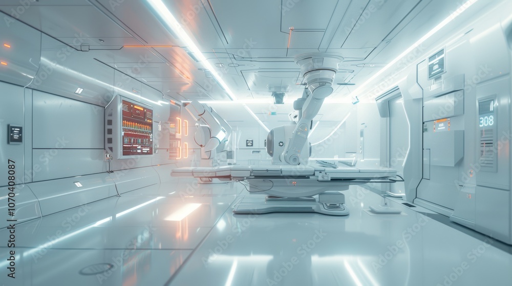 A futuristic medical clinic featuring advanced robotic technology and a sleek, sterile environment designed for modern healthcare procedures A futuristic medical clinic featuring advanced robotic technology and a sleek, sterile environment designed for modern healthcare procedures