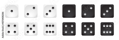 White and black 3d dice icon vector set. Six faces of game die from one to six on white background. Front cube sides with dots 1,2,3,4,5,6. Realistic gambling objects to play in casino, backgammon.