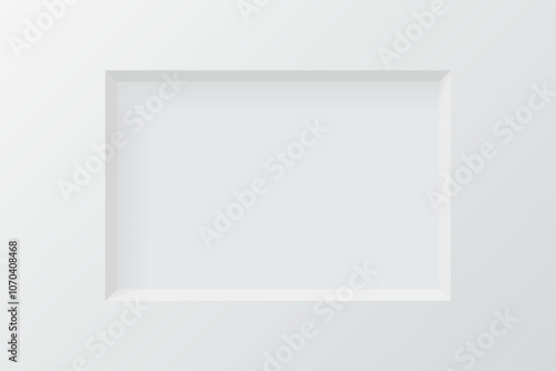 3d wall niche. Empty white rectangle shelf. Rectangular horizontal inside frame. Display stand, showcase mockup. Showroom, gallery, studio or shop product presentation. Realistic vector illustration.