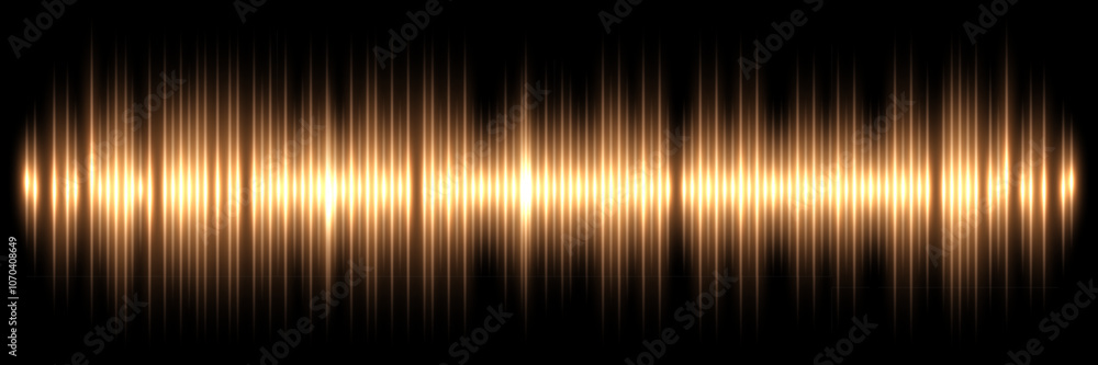 Sound wave. Music audio frequency, voice waveform, electronic radio signal, volume level, track symbol. Noise pulses curve golden line isolated on black. Abstract vector background. Sound wave. Music audio frequency, voice waveform, electronic radio signal, volume level, track symbol. Noise pulses curve golden line isolated on black. Abstract vector background.