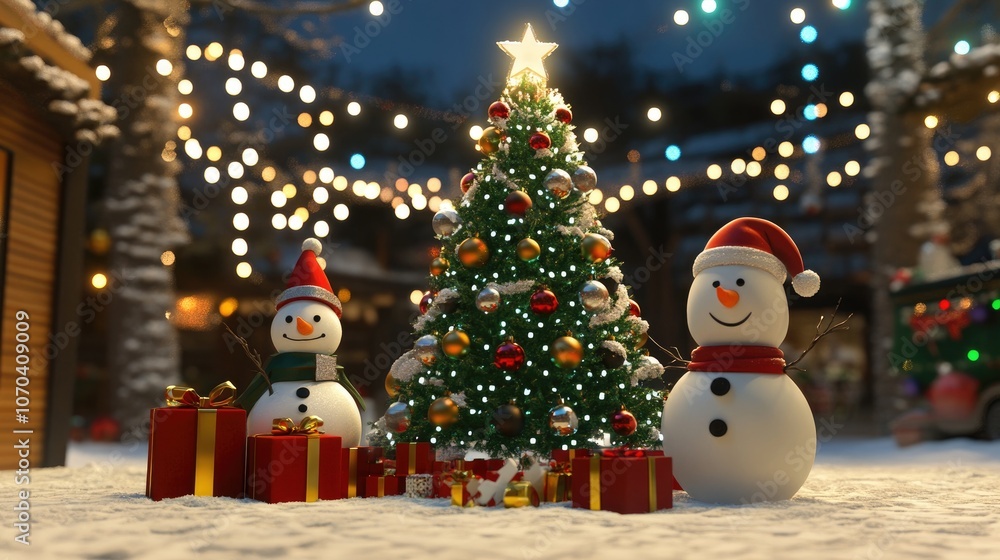 Christmas tree and santa Claus and snowman and gifts flat design front view North Pole theme 3D render Christmas tree and santa Claus and snowman and gifts flat design front view North Pole theme 3D render