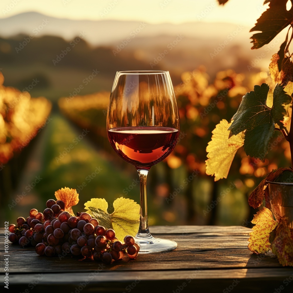 Rich glass of French red wine on vineyard table with grapevines in background, romantic golden hour lighting.