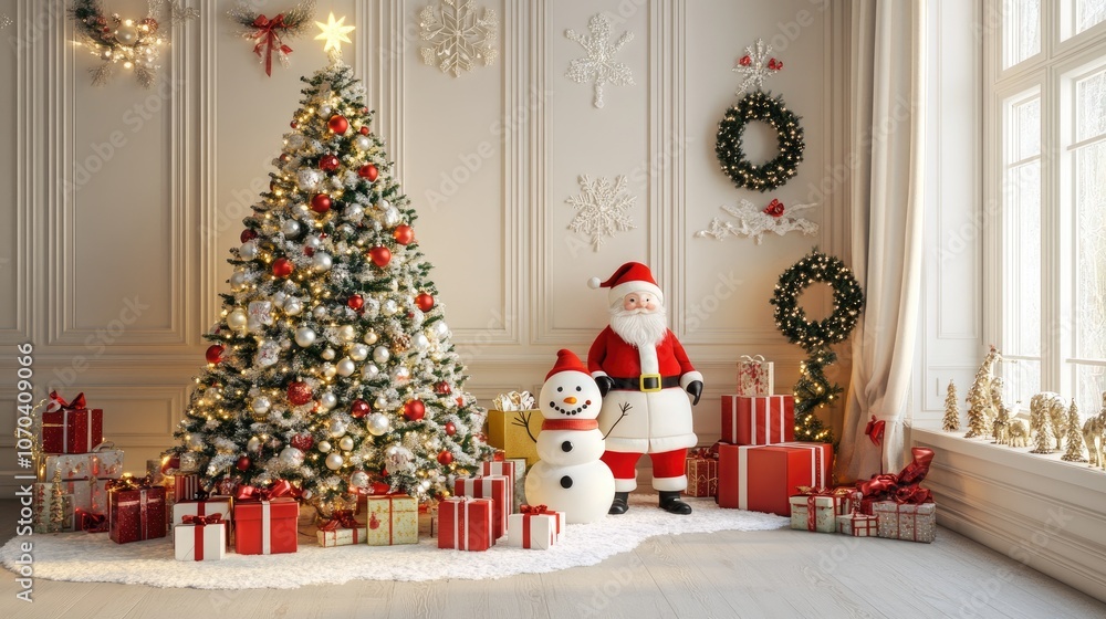 Christmas tree and santa Claus and snowman and gifts flat design front view North Pole theme 3D render Christmas tree and santa Claus and snowman and gifts flat design front view North Pole theme 3D render