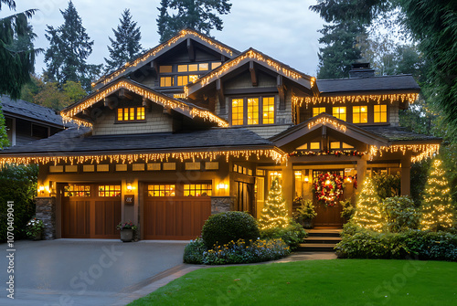 An inviting and visually appealing front view of the exterior of my home, featuring twinkling Christmas lights on its roofline and in the front yard, illuminating it with warm white light.  (27)