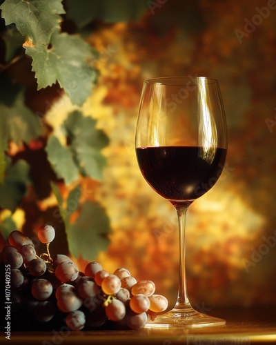 Rich glass of French red wine on vineyard table with grapevines in background, romantic golden hour lighting.

