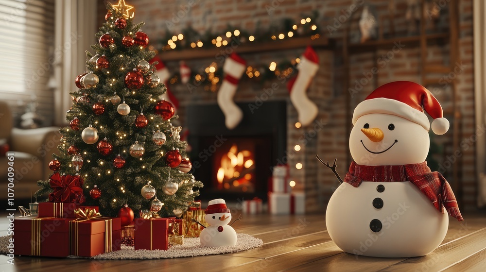 Christmas tree and santa Claus and snowman and gifts flat design front view North Pole theme 3D render Christmas tree and santa Claus and snowman and gifts flat design front view North Pole theme 3D render