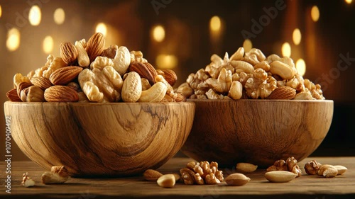 Two wooden bowls filled with almonds, cashews, and walnuts are sitting on a wooden table