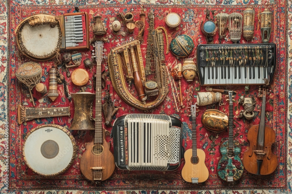 Fototapeta premium Musical instruments and percussion laid on a rug.