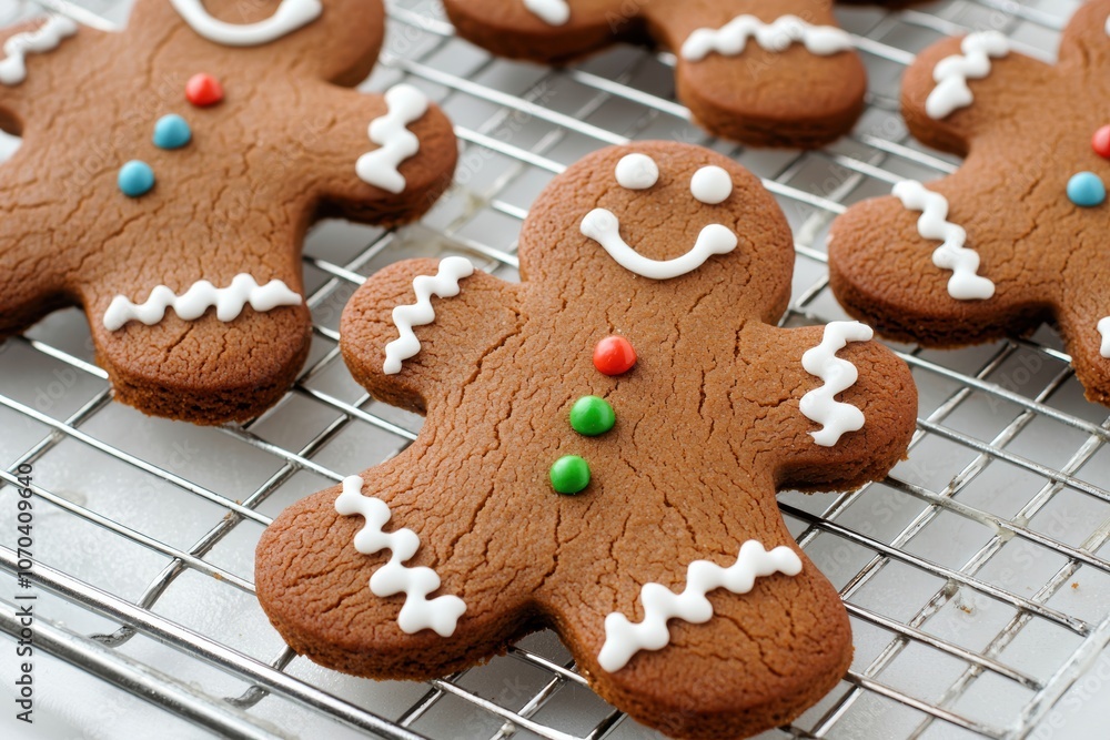 Freshly baked gingerbread men cooling on a rack, with icing and sprinkles ready for decorating Freshly baked gingerbread men cooling on a rack, with icing and sprinkles ready for decorating
