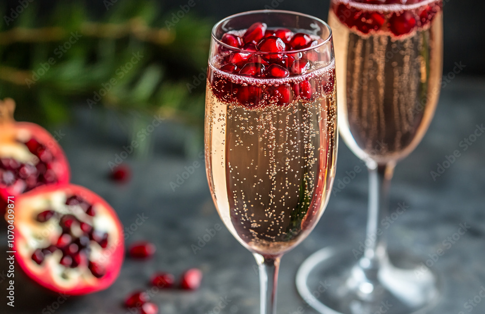 Two glasses of sparkling wine with pomegranate seeds on a dark background Two glasses of sparkling wine with pomegranate seeds on a dark background