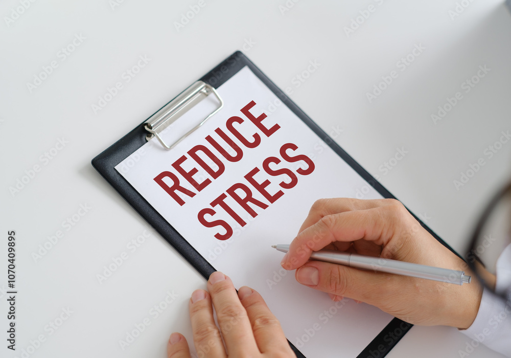 A person is writing the word Reduce Stress on a clipboard A person is writing the word Reduce Stress on a clipboard