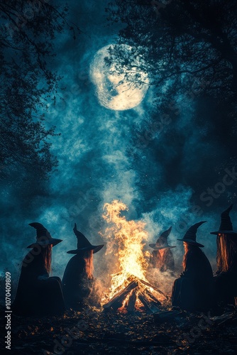 A mystical scene of witches gathered around a roaring campfire beneath a full moon, shrouded in fog, Ideal for Halloween themes, fantasy illustrations, and storytelling projects,