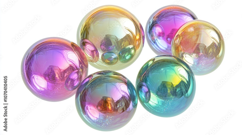 Closeup of iridescent soap bubbles floating on a white background Closeup of iridescent soap bubbles floating on a white background