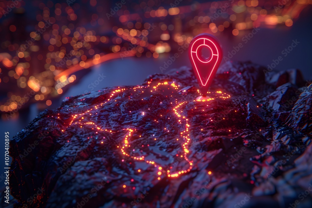 Futuristic Digital Map with Neon Location Pin Highlighting Urban Connectivity Futuristic Digital Map with Neon Location Pin Highlighting Urban Connectivity