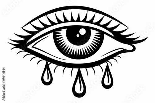 Stylized Black and White Crying Eye Illustration with Tears. Tears dropping from eye, silhouette