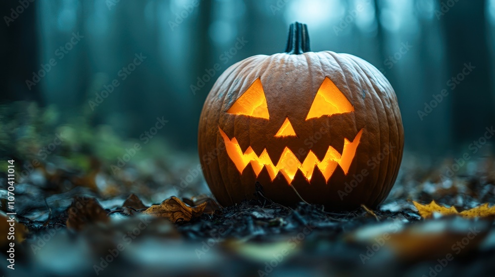 A glowing jack-o'-lantern sits ominously in a misty forest, surrounded by autumn leaves, perfect for Halloween-themed projects, parties, or seasonal marketing materials, A glowing jack-o'-lantern sits ominously in a misty forest, surrounded by autumn leaves, perfect for Halloween-themed projects, parties, or seasonal marketing materials,