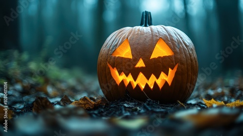 A glowing jack-o'-lantern sits ominously in a misty forest, surrounded by autumn leaves, perfect for Halloween-themed projects, parties, or seasonal marketing materials,