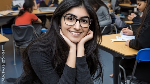 Smiling Teen Girl Student in Glasses Poses in Busy High School Classroom, 85 Characters photo