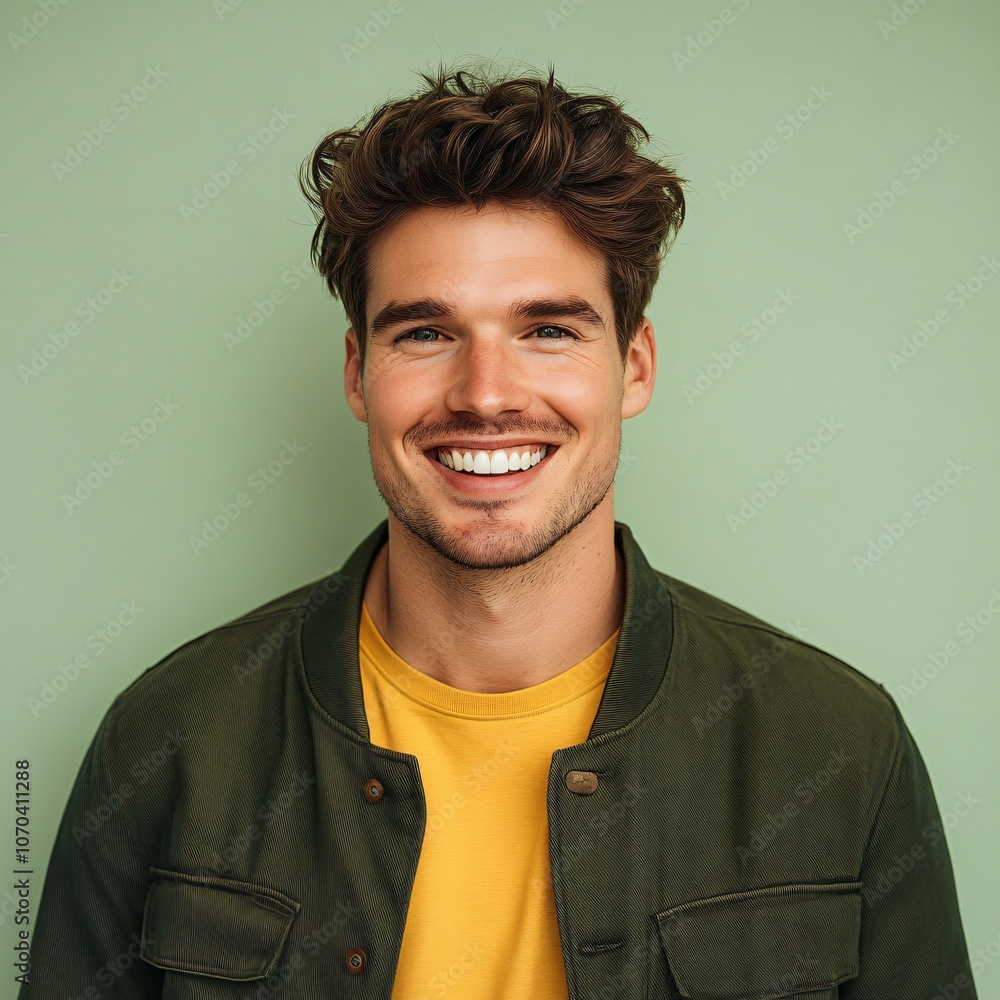 Obraz premium Smiling Man in Green Jacket and Yellow T-shirt