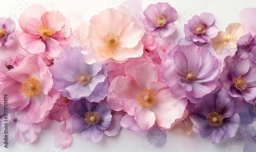 Watercolor background with hand-painted flowers in soft pinks and purples, feminine and delicate, 3D illustration