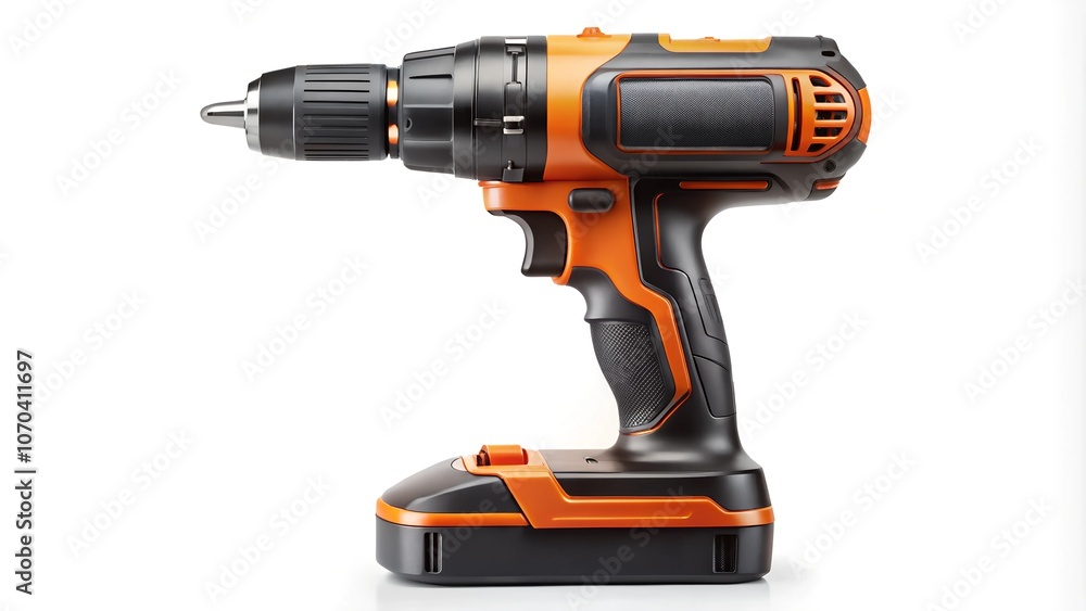 Cordless electric drill with a sleek black and orange design on a white background. Cordless electric drill with a sleek black and orange design on a white background.