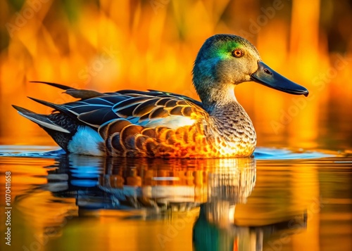 A black duck silhouetted against a still pond, AI art. photo