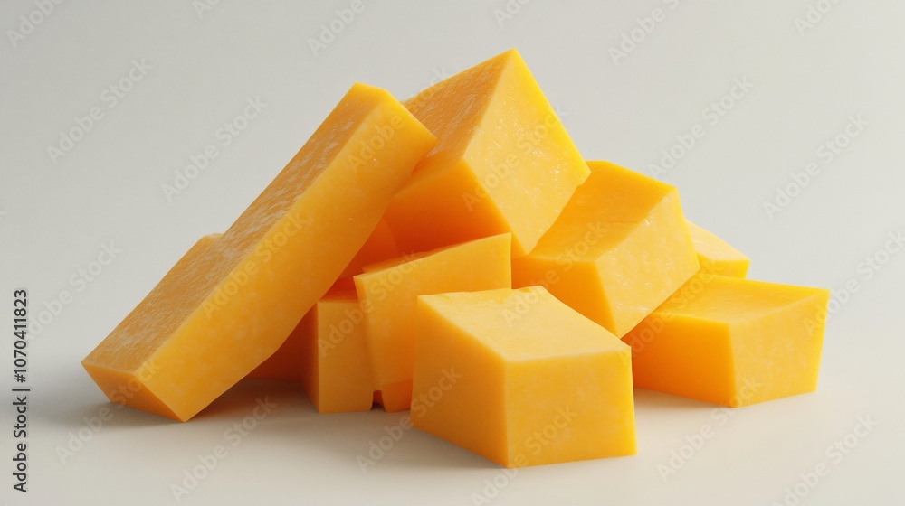A pile of cheddar cheese cubes and sticks on a white background. A pile of cheddar cheese cubes and sticks on a white background.