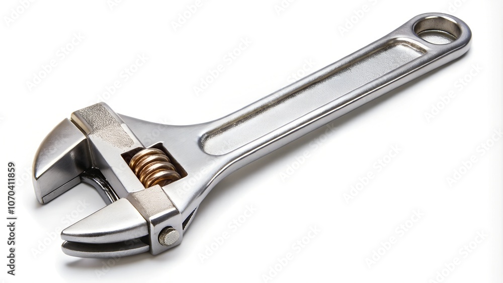 Metal adjustable wrench with a turning knob on a white background. Metal adjustable wrench with a turning knob on a white background.