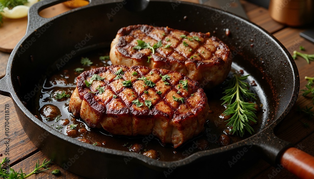 Grilled pork chops with herbs in cast iron skillet Grilled pork chops with herbs in cast iron skillet