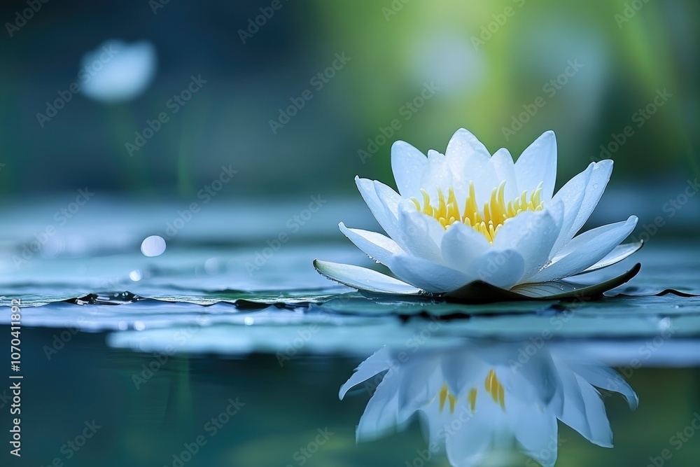 White water lily floating on calm water surface with reflection White water lily floating on calm water surface with reflection