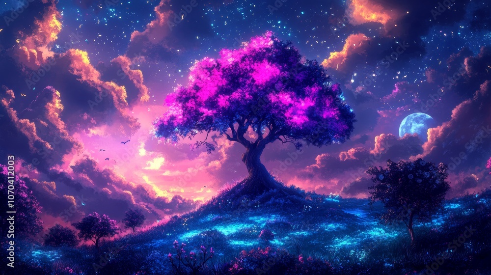 Magical Fantasy Tree Landscape Glowing Night Sky Moonlit Hill Purple Flowers Dreamy Scene Magical Fantasy Tree Landscape Glowing Night Sky Moonlit Hill Purple Flowers Dreamy Scene