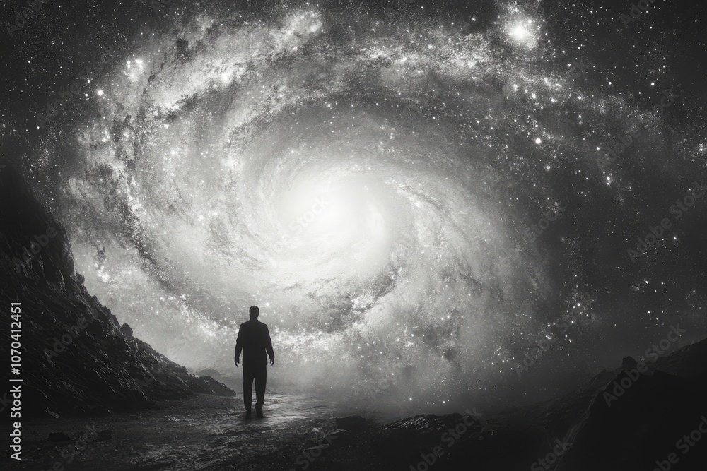 Fototapeta premium Businessman walking towards swirling galaxy in black and white