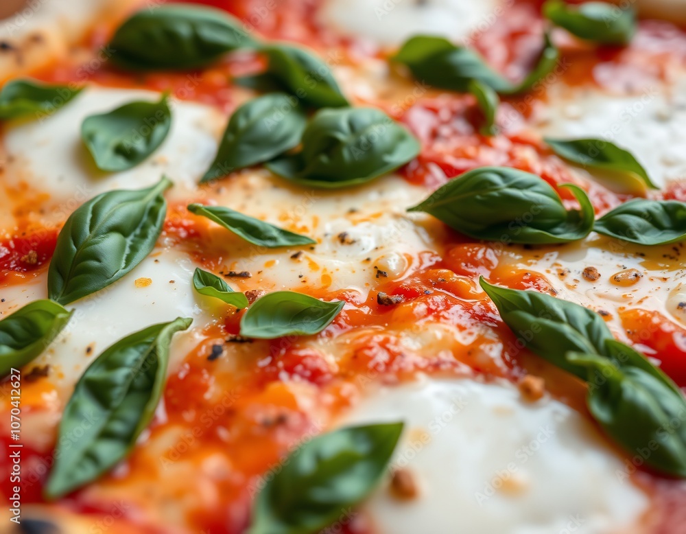 Close-up of a pizza topped with mozzarella and fresh basil leaves. Close-up of a pizza topped with mozzarella and fresh basil leaves.