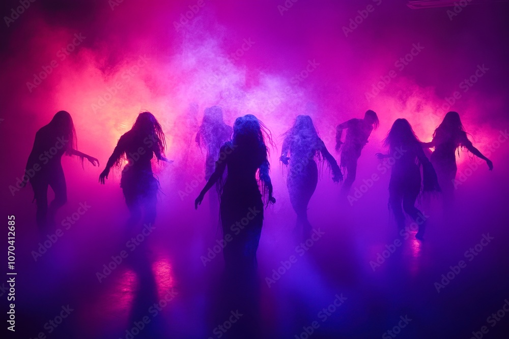 Silhouettes of dancers in eerie, smoky light create a captivating atmosphere, suitable for Halloween-themed events, dance club promotions, or artistic projects focused on movement and emotion, Silhouettes of dancers in eerie, smoky light create a captivating atmosphere, suitable for Halloween-themed events, dance club promotions, or artistic projects focused on movement and emotion,