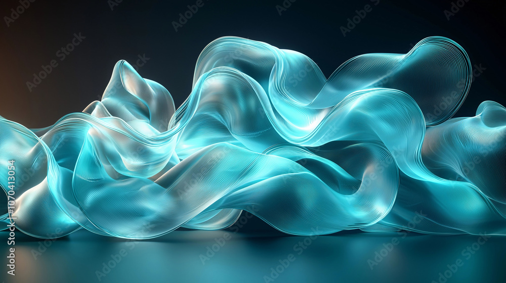 Turquoise flowing wave-like lines with scattered light points on dark cosmic background. Turquoise flowing wave-like lines with scattered light points on dark cosmic background.