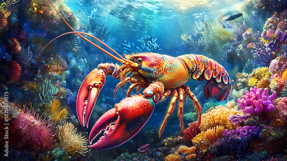 A vibrant underwater scene featuring a majestic lobster amidst colorful coral and sea life. Majestic. Illustration A vibrant underwater scene featuring a majestic lobster amidst colorful coral and sea life. Majestic. Illustration
