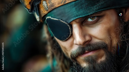 A close-up of a pirate with intense eyes, an eye patch, and a rugged beard, This image can be used for themes of adventure, fantasy, or historical storytelling in marketing, books, or blogs, photo