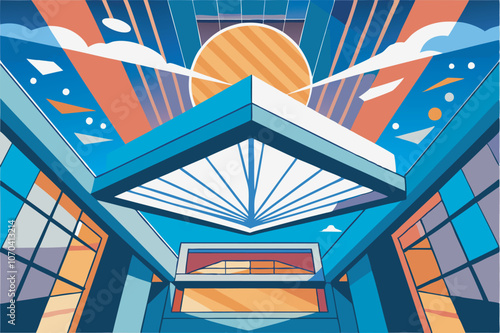 Illustration of modern architecture with a geometric blue-roofed structure under a bright sky. Angular supports, colorful openings, red walkway, stylized sun, and clouds symbolize energy and optimism.