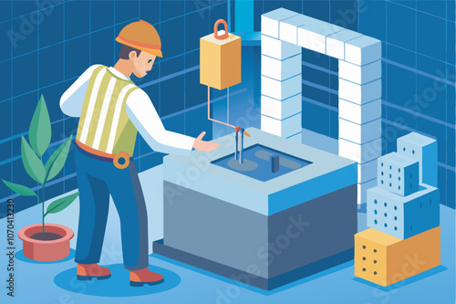 A worker in yellow helmet and white vest, with black pants, at a construction site near brick model building or oven, with bricks and blue tiles, showing organized construction activities.