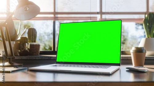 Wallpaper Mural Modern laptop with blank green screen, angled position. Static footage with trees swaying or moving in the wind. Home interior during golden hour sunset, 4k 30fps UHD, loop video Torontodigital.ca