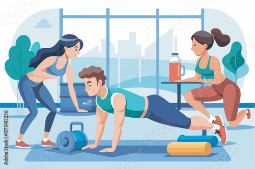 An active gym scene: man doing push-ups, women adjusting weights and holding sports bottle, fitness items around. Emphasizes health and fitness.