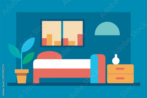 Illustrated bedroom in flat design with bed against blue wall, window above, nightstand with vase, potted plant, lamp suggesting nighttime ambiance. Simplified aesthetic with blue, red,