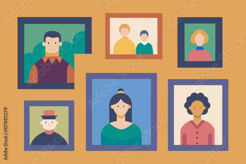 Image: yellow wall with seven photo frames, each displaying a portrait. Various genders shown, some wearing hats. Creates inviting ambiance.