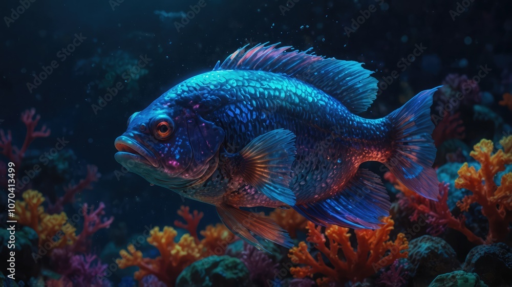 Fototapeta premium The ubiquitous presence of plastic pollution in our oceans is demonstrated by this close-up image of a fish swimming amid a cloud of microplastics.