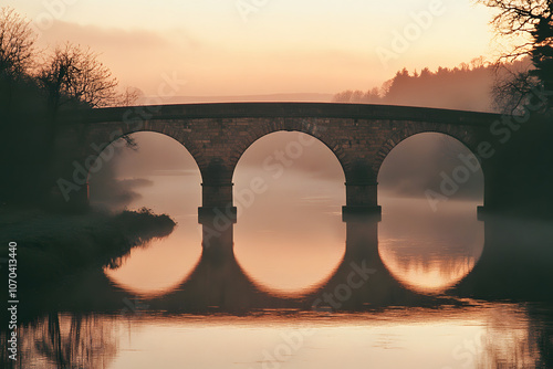 Stone bridge with three arches reflects in still water at sunset. photo