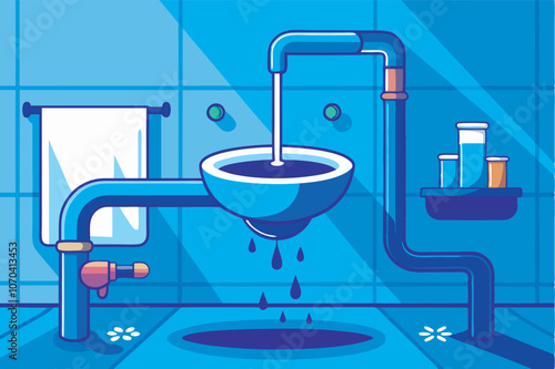 Cartoon showing overflowing sink in blue bathroom with dripping faucet, glasses, cups, towel, tiles, and pipes. Non-English character hints at extra detail.
