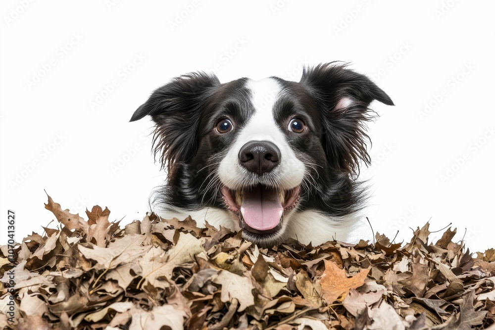 Happy dog peeking from fall leaves. Happy dog peeking from fall leaves.
